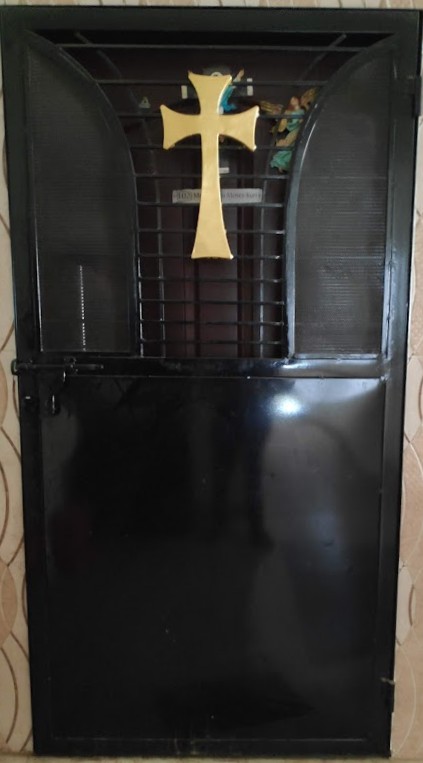 The main entrance safety door frame for an apartment, showing its sturdy build.